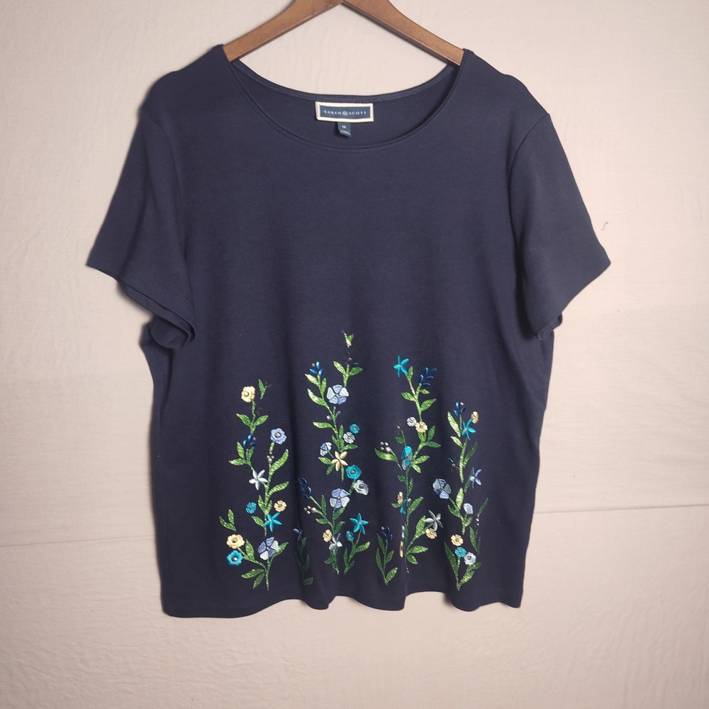 Karen Scott Womens 1X Navy Blue Floral Embroidered Short Sleeve T-Shirt Top